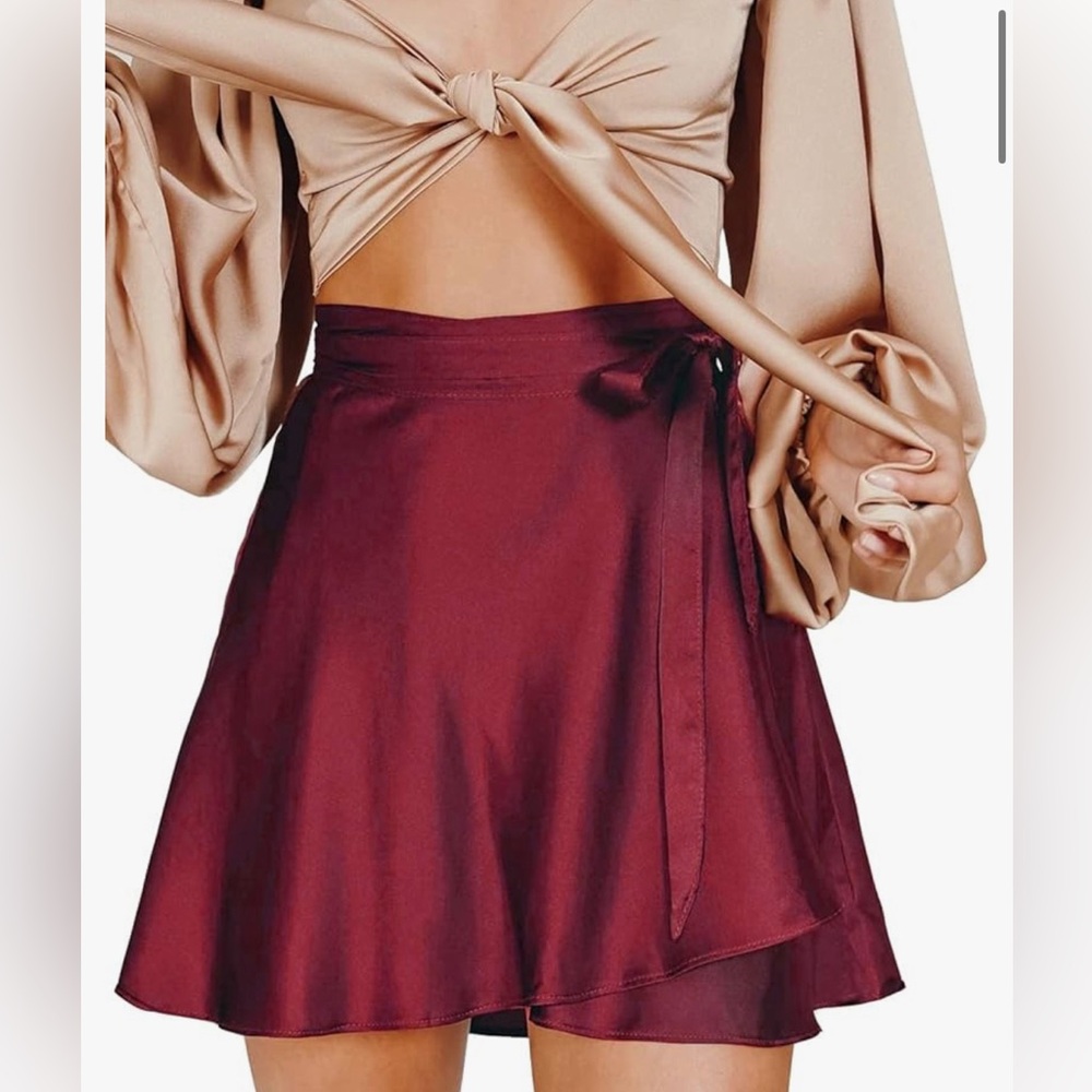 Silk wrap skirt high waisted burgundy wine red